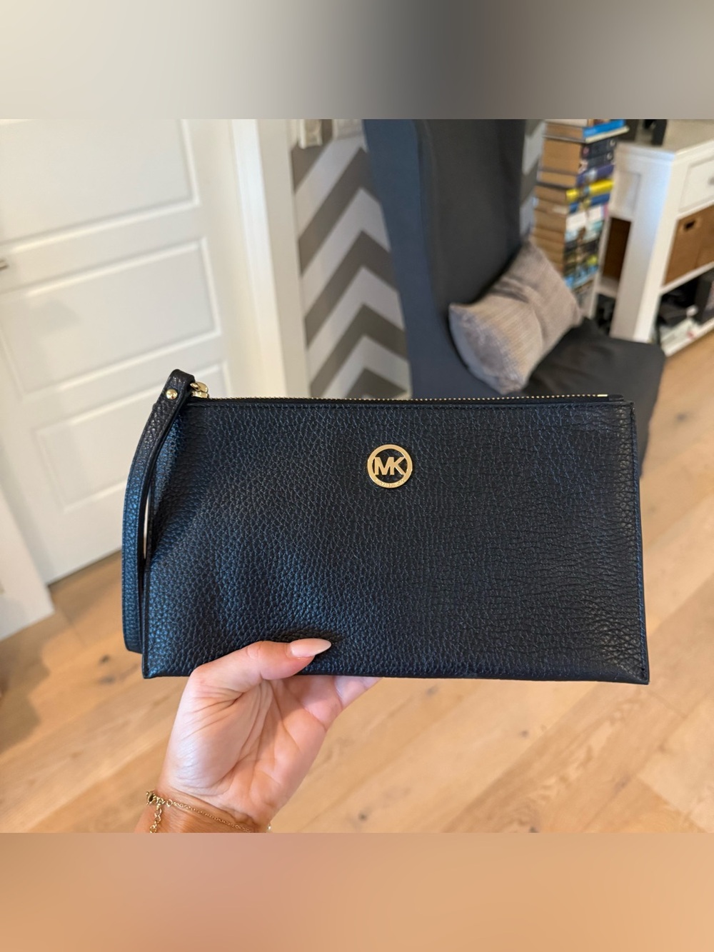 Michael Kors Black Zip Up Black Leather Envelope Pouch Gold Hardware 10" by 5"